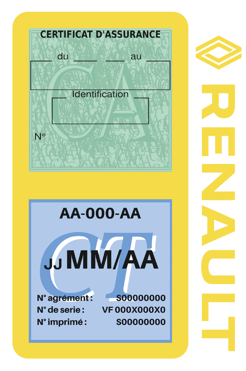 Porte Vignette Assurance Pare Brise Voiture Pour Renault | Double Étui Pochette Adhésive Autocollant Sticker Jaune