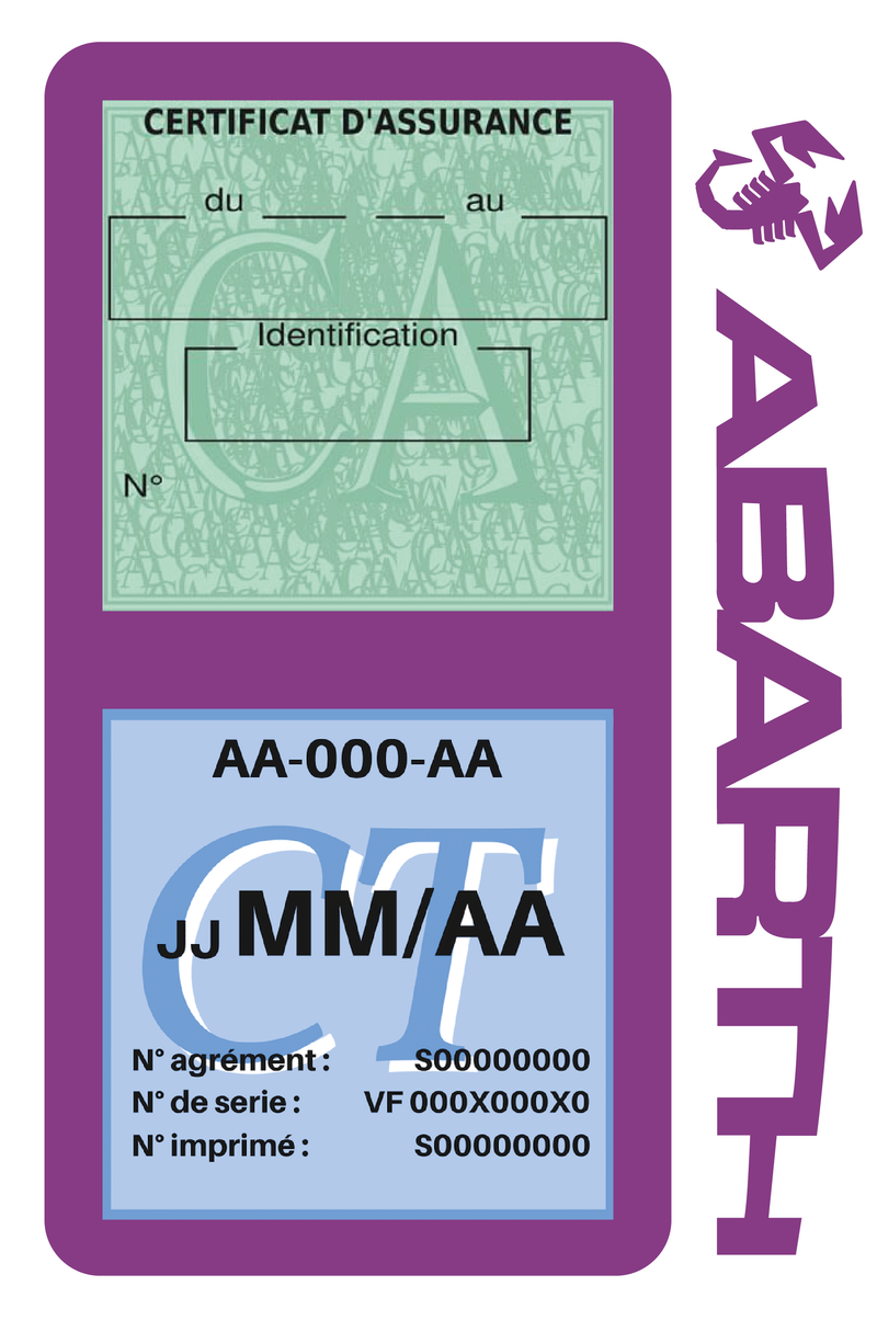 Porte Vignette Assurance Pare Brise Voiture Pour Abarth | Double Étui Pochette Adhésive Autocollant Sticker Mauve
