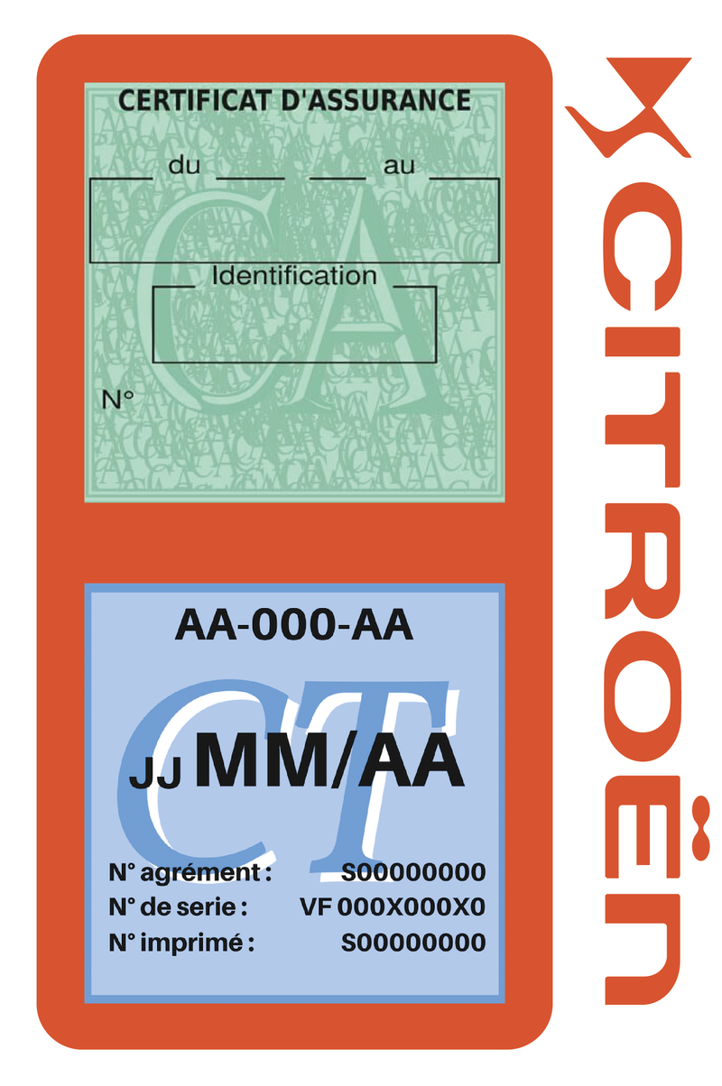 Porte Vignette Assurance Pare Brise Voiture Pour Citroën DS | Double Étui Pochette Adhésive Autocollant Sticker Orange