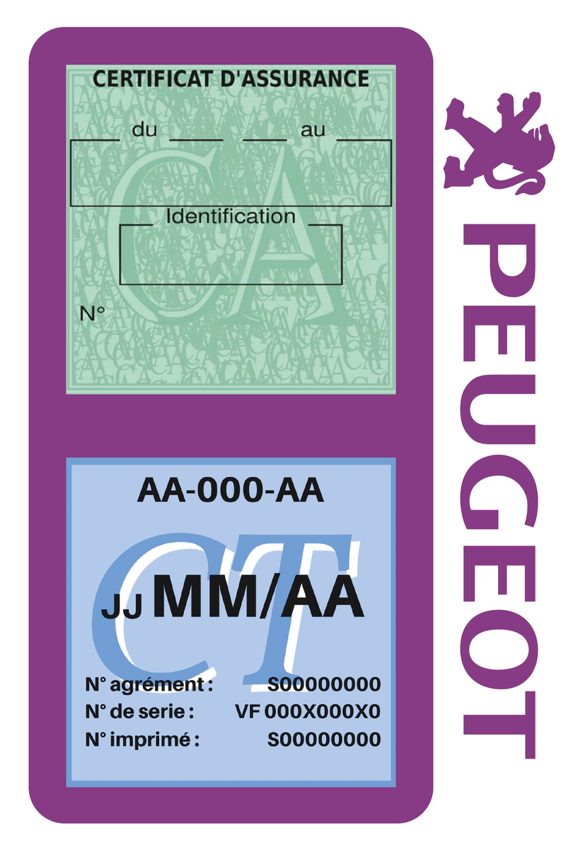 Porte Vignette Assurance Pare Brise Voiture Pour Peugeot Ancien Logo | Double Étui Pochette Adhésive Autocollant Sticker Mauve