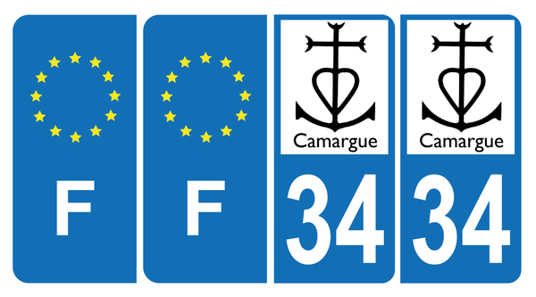 Lot de 4 Autocollants Plaque d'immatriculation Voiture 34 Logo Camargue & F Europe