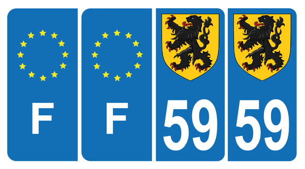 Lot de 4 Autocollants Plaque d'immatriculation Voiture 59 Blason des Flandres & F Europe