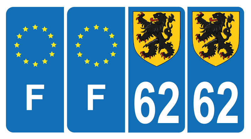 Lot de 4 Autocollants Plaque d'immatriculation Voiture 62 Blason des Flandres & F Europe