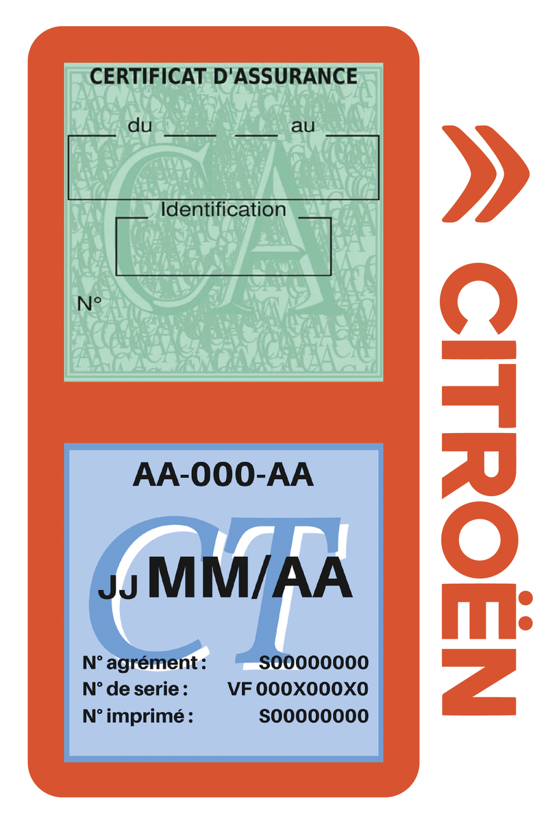 Porte Vignette Assurance Pare Brise Voiture Pour Citroën | Double Étui Pochette Adhésive Autocollant Sticker Orange