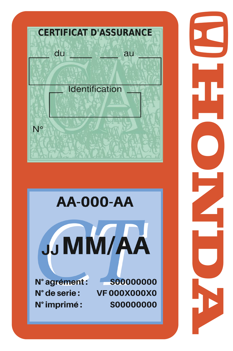 Porte Vignette Assurance Pare Brise Voiture Pour Honda | Double Étui Pochette Adhésive Autocollant Sticker Orange