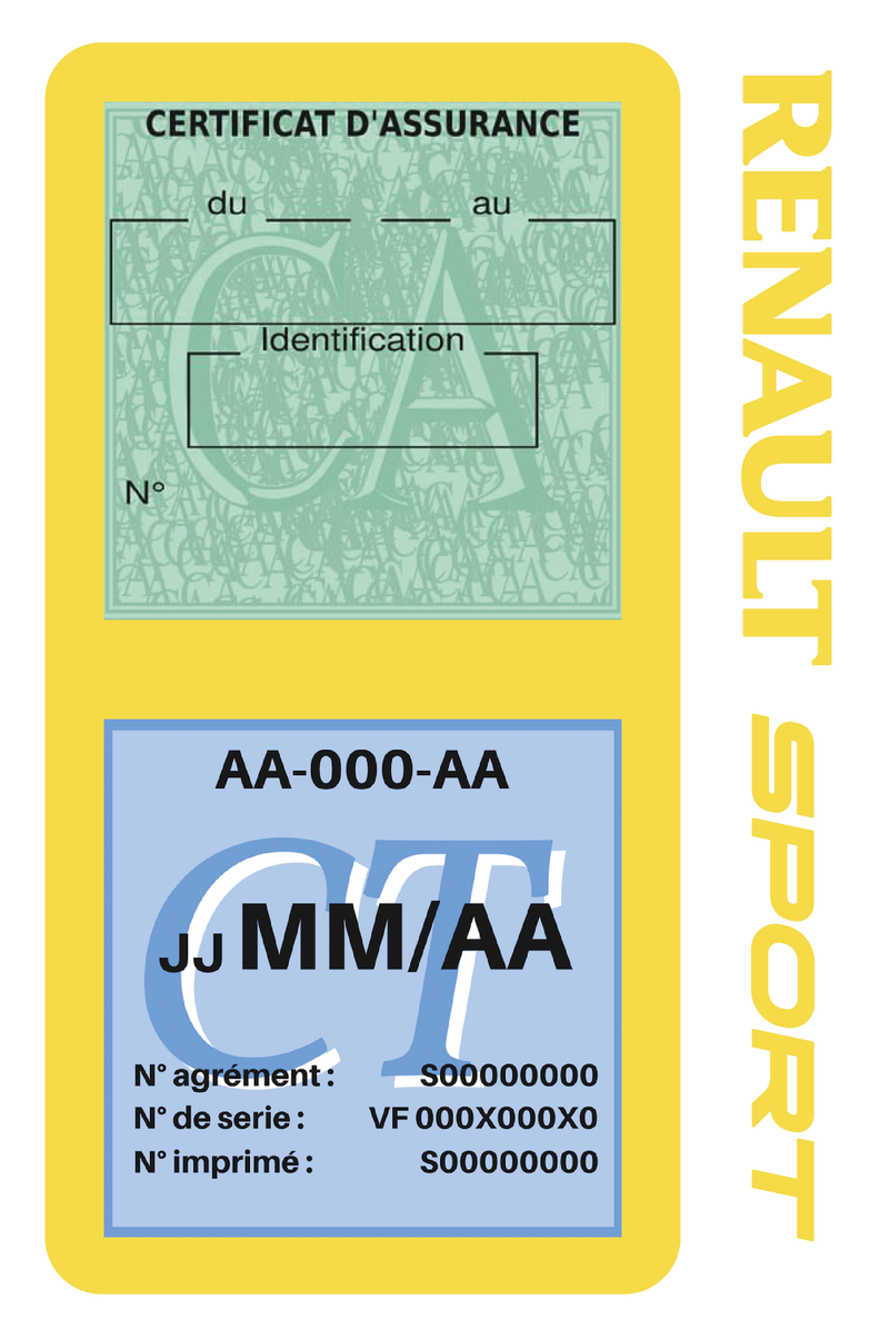 Porte Vignette Assurance Pare Brise Voiture Pour Renault Sport | Double Étui Pochette Adhésive Autocollant Sticker Jaune