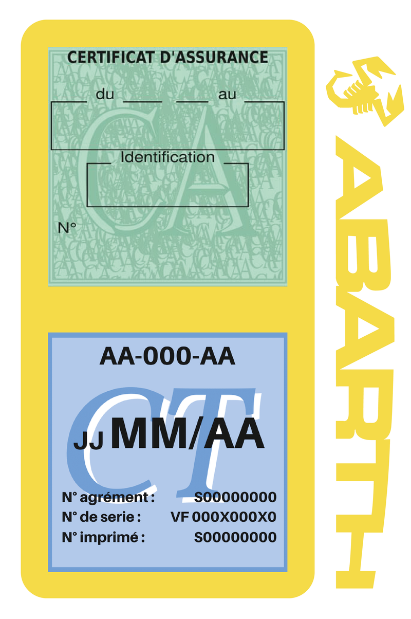 Porte Vignette Assurance Pare Brise Voiture Pour Abarth | Double Étui Pochette Adhésive Autocollant Sticker Jaune