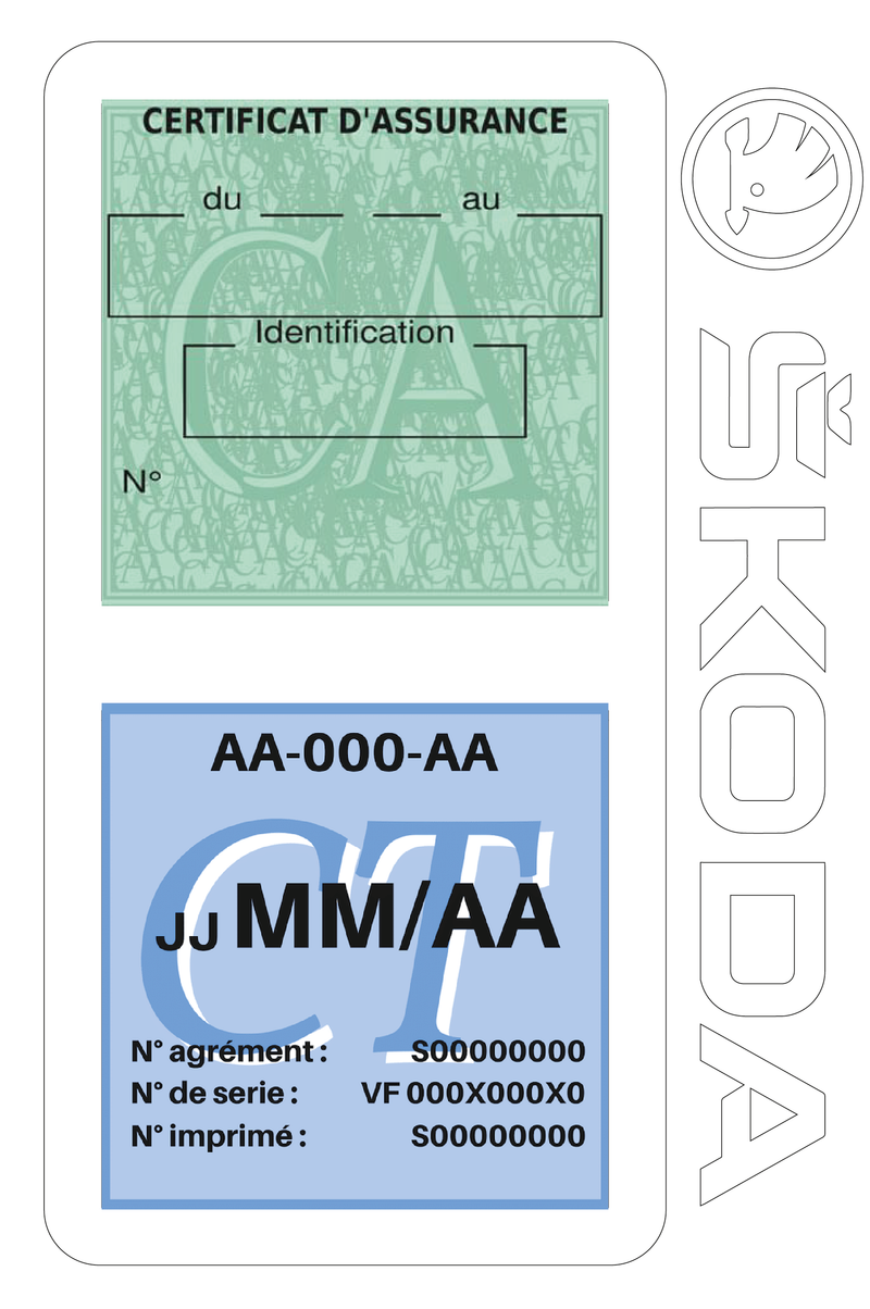 Porte Vignette Assurance Pare Brise Voiture Pour Skoda | Double Étui Pochette Adhésive Autocollant Sticker Blanc