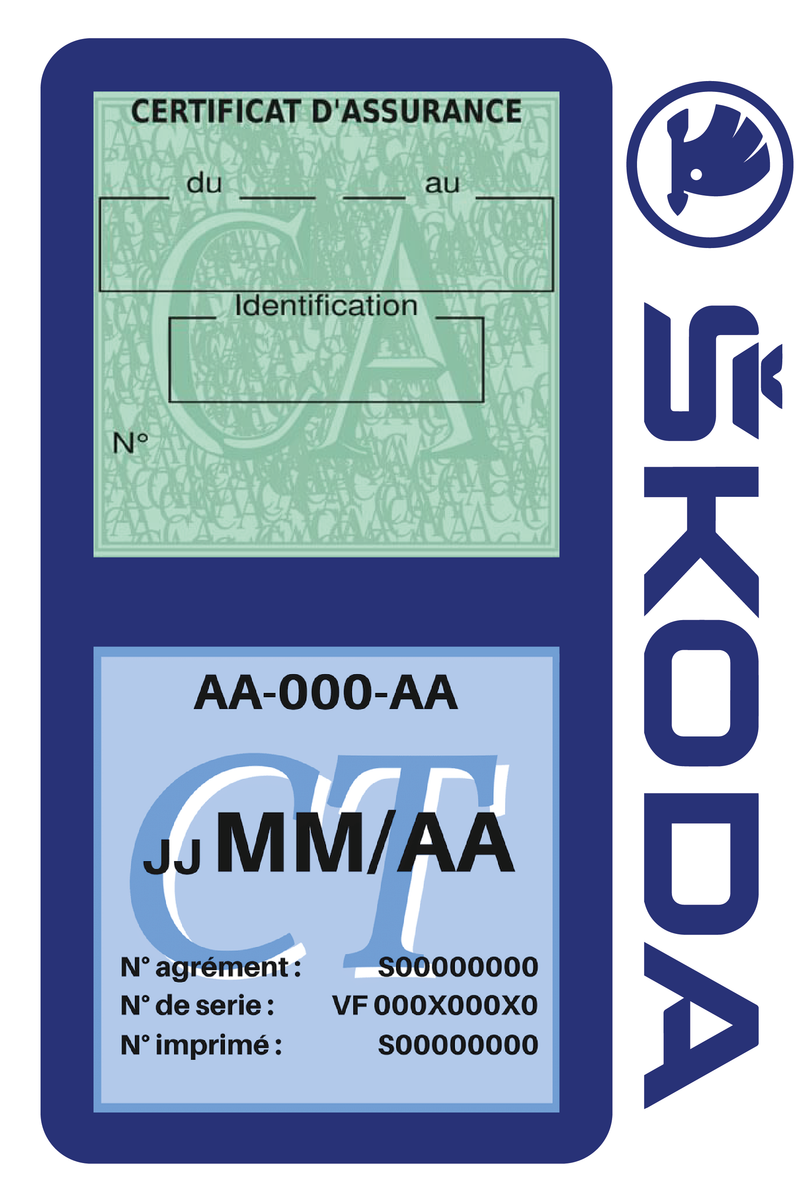 Porte Vignette Assurance Pare Brise Voiture Pour Skoda | Double Étui Pochette Adhésive Autocollant Sticker Bleu