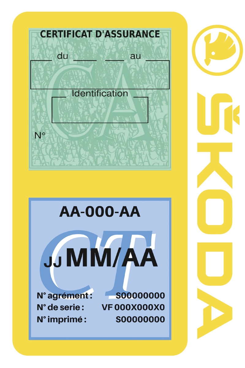 Porte Vignette Assurance Pare Brise Voiture Pour Skoda | Double Étui Pochette Adhésive Autocollant Sticker Jaune