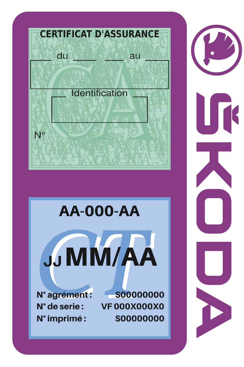 Porte Vignette Assurance Pare Brise Voiture Pour Skoda | Double Étui Pochette Adhésive Autocollant Sticker Mauve