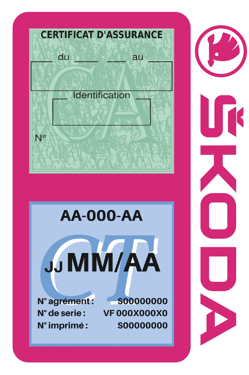 Porte Vignette Assurance Pare Brise Voiture Pour Skoda | Double Étui Pochette Adhésive Autocollant Sticker Rose