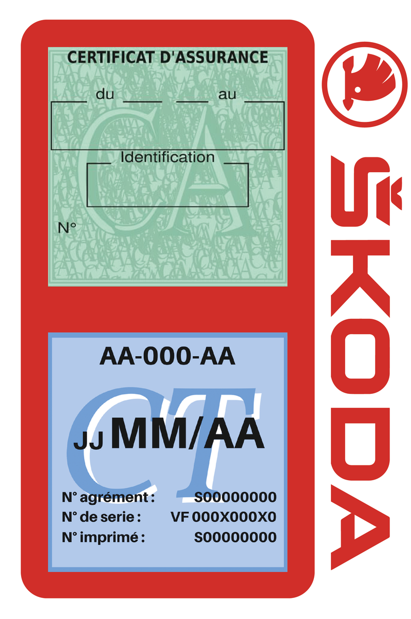 Porte Vignette Assurance Pare Brise Voiture Pour Skoda | Double Étui Pochette Adhésive Autocollant Sticker Rouge