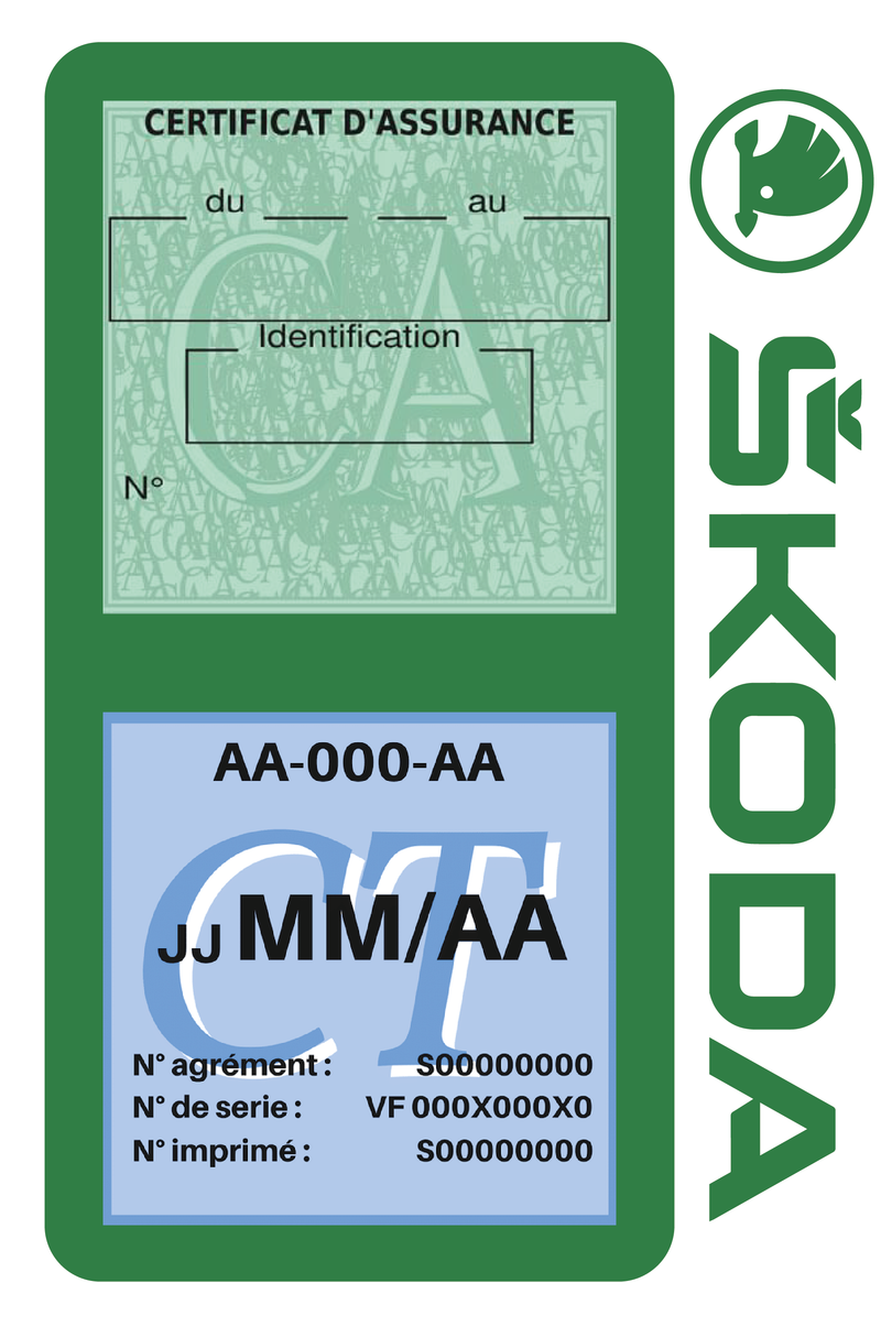 Porte Vignette Assurance Pare Brise Voiture Pour Skoda | Double Étui Pochette Adhésive Autocollant Sticker Vert