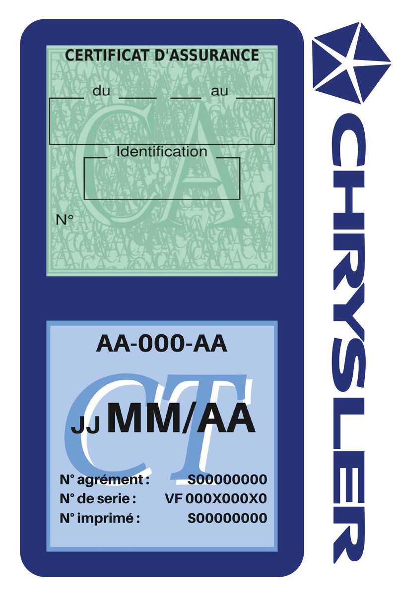 Porte Vignette Assurance Pare Brise Voiture Pour Chrysler | Double Étui Pochette Adhésive Autocollant Sticker Bleu