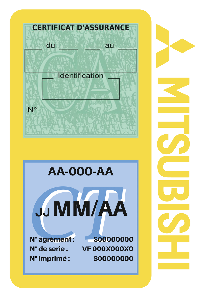 Porte Vignette Assurance Pare Brise Voiture Pour Mitsubishi | Double Étui Pochette Adhésive Autocollant Sticker Jaune