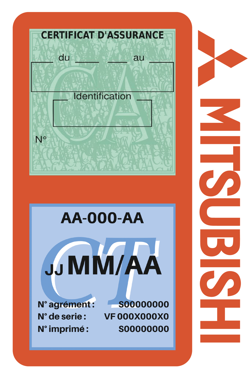 Porte Vignette Assurance Pare Brise Voiture Pour Mitsubishi | Double Étui Pochette Adhésive Autocollant Sticker Orange