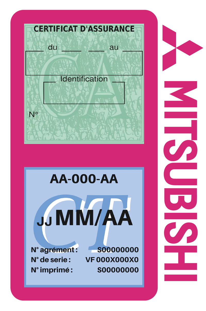 Porte Vignette Assurance Pare Brise Voiture Pour Mitsubishi | Double Étui Pochette Adhésive Autocollant Sticker Rose
