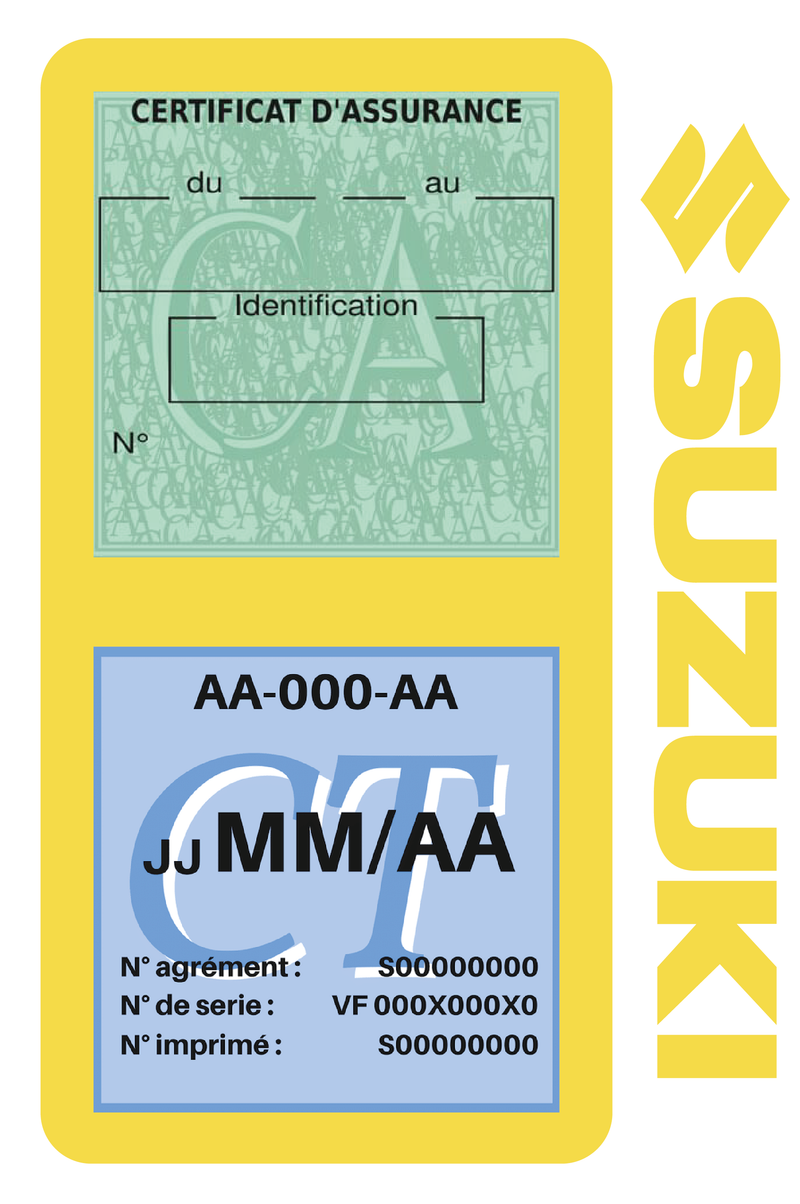 Porte Vignette Assurance Pare Brise Voiture Pour Suzuki | Double Étui Pochette Adhésive Autocollant Sticker Jaune