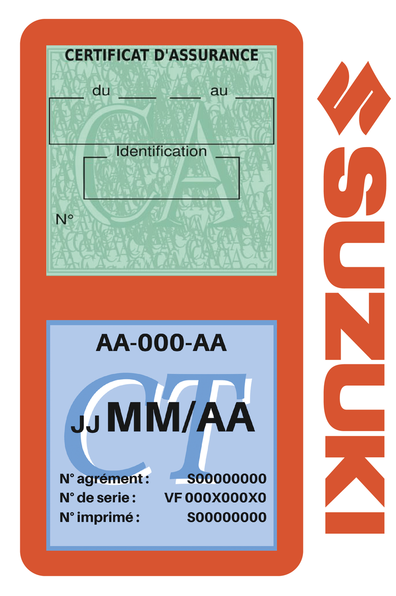 Porte Vignette Assurance Pare Brise Voiture Pour Suzuki | Double Étui Pochette Adhésive Autocollant Sticker Orange