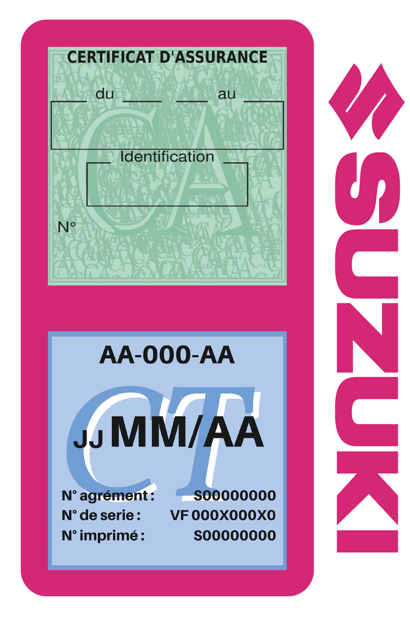 Porte Vignette Assurance Pare Brise Voiture Pour Suzuki | Double Étui Pochette Adhésive Autocollant Sticker Rose