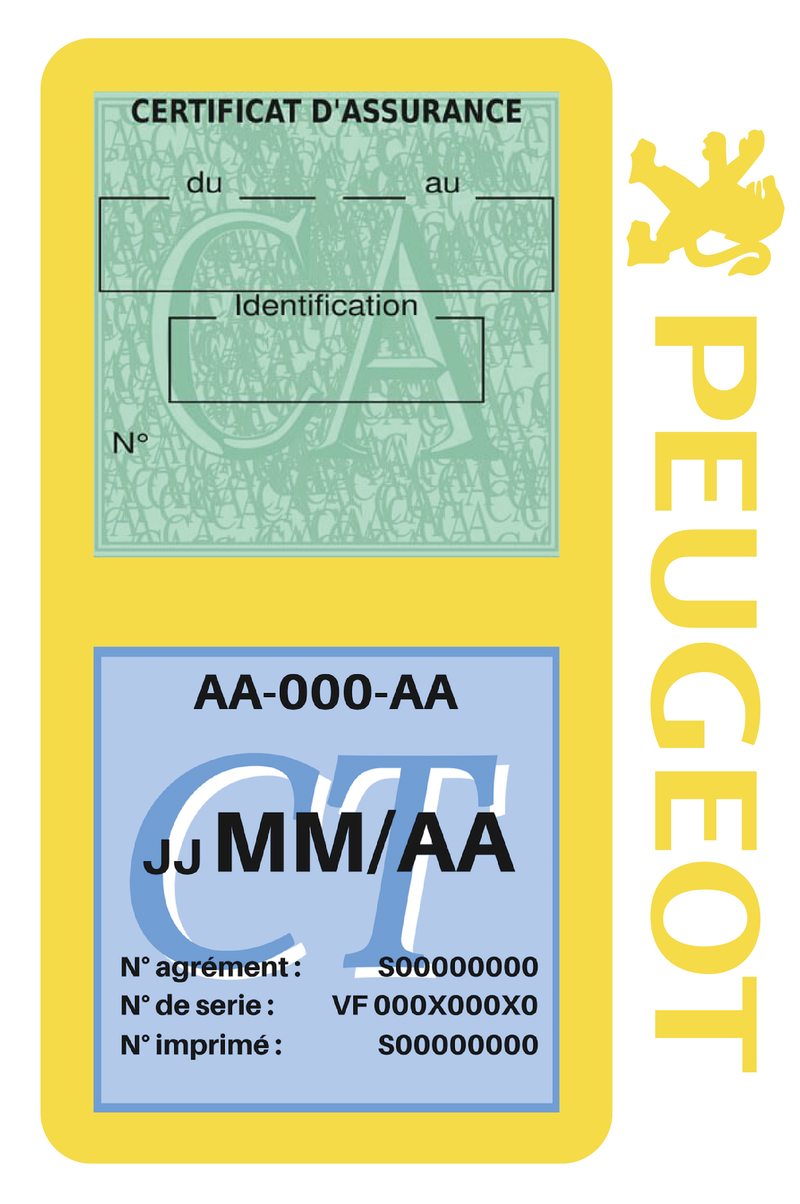 Porte Vignette Assurance Pare Brise Voiture Pour Peugeot Ancien Logo | Double Étui Pochette Adhésive Autocollant Sticker Jaune