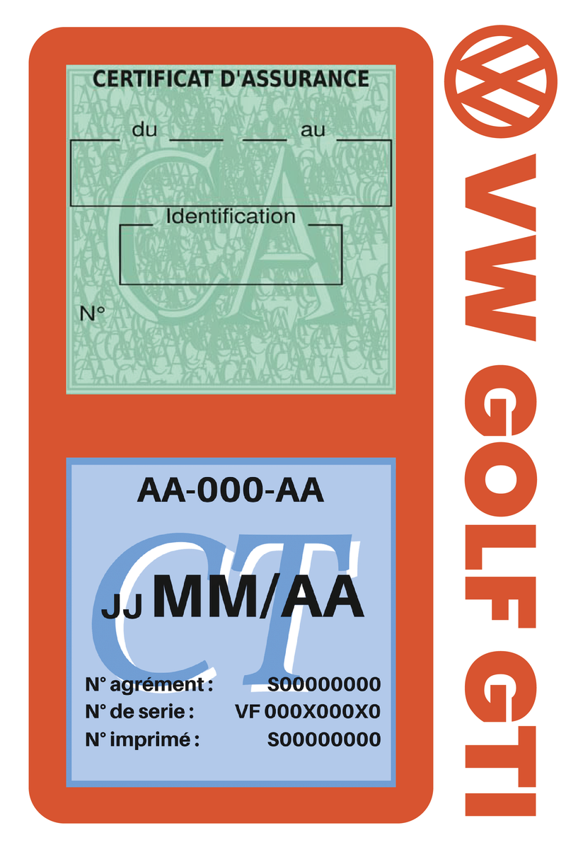 Porte Vignette Assurance Pare Brise Voiture Pour Golf GTI | Double Étui Pochette Adhésive Autocollant Sticker Orange