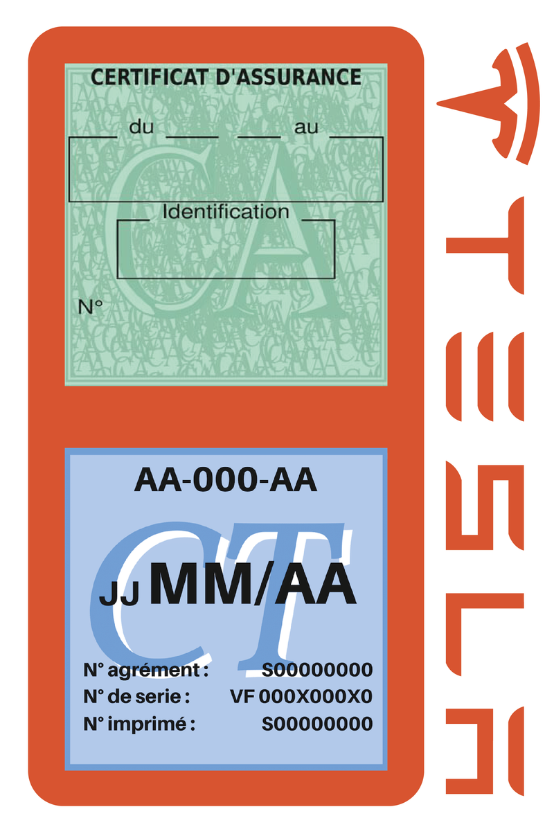 Porte Vignette Assurance Pare Brise Voiture Pour Tesla | Double Étui Pochette Adhésive Autocollant Sticker Orange